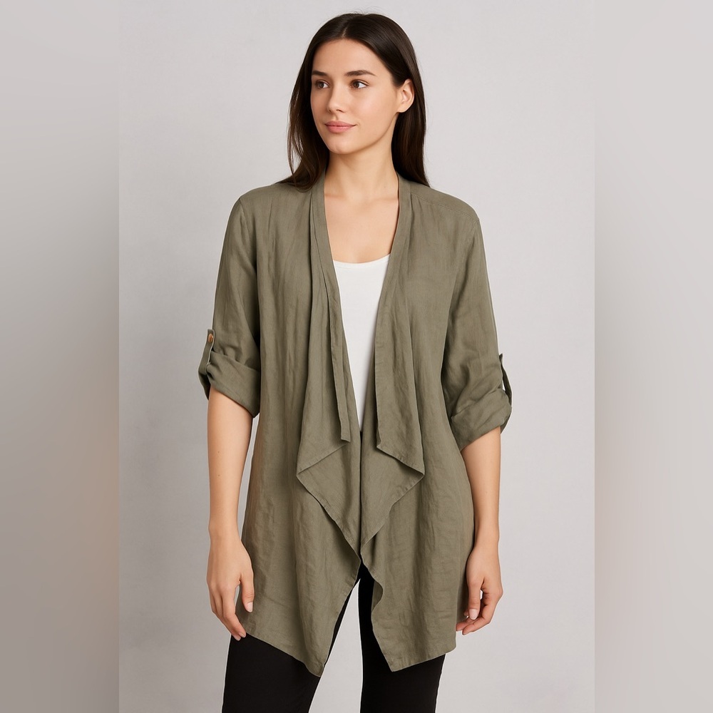 Bella Amore Linen Drape Front Cardigan Jacket S/M Made in Italy Roll Tab Sleeve